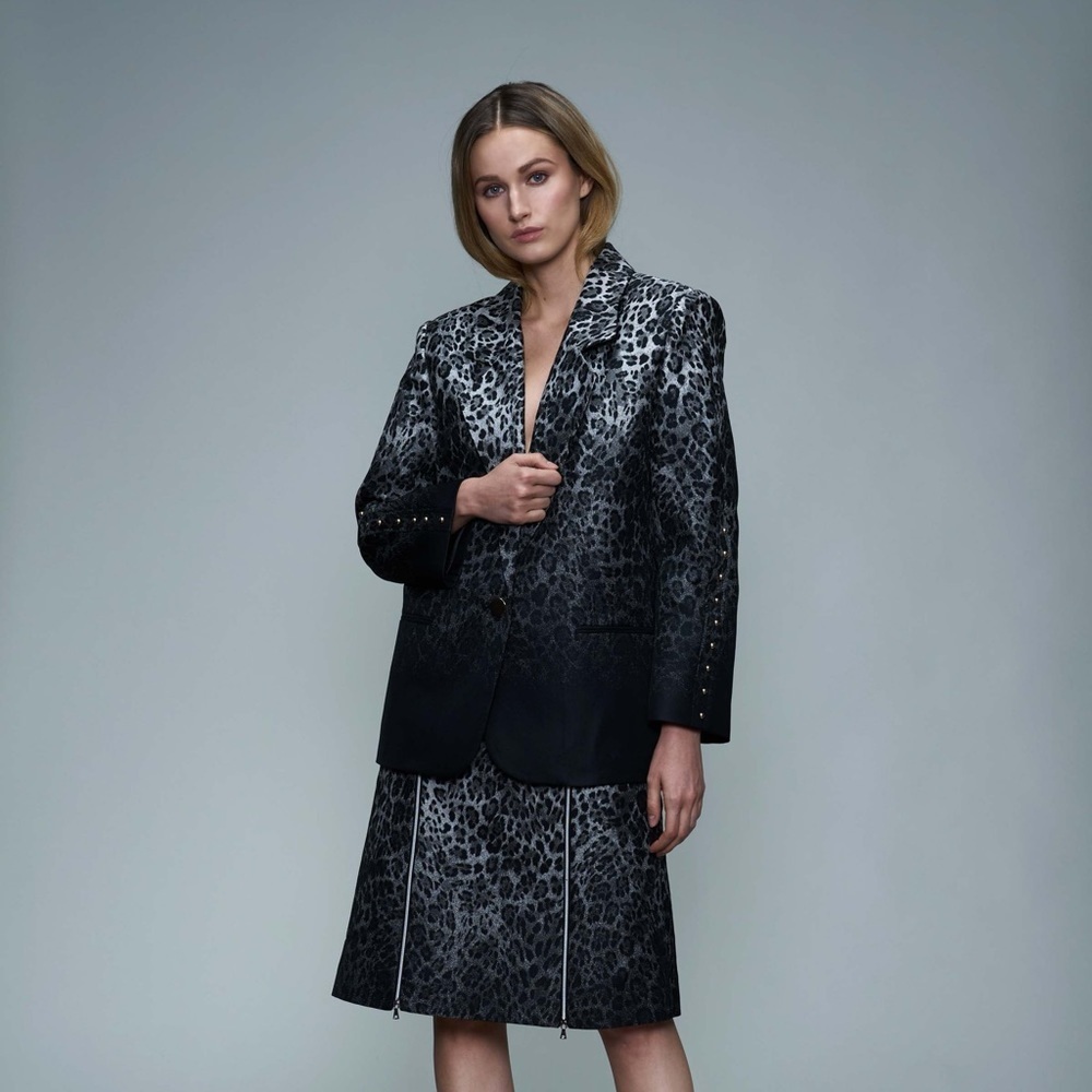 Vivienne Hu Black Gray Blue France Gradient Leopard Oversized Blazer